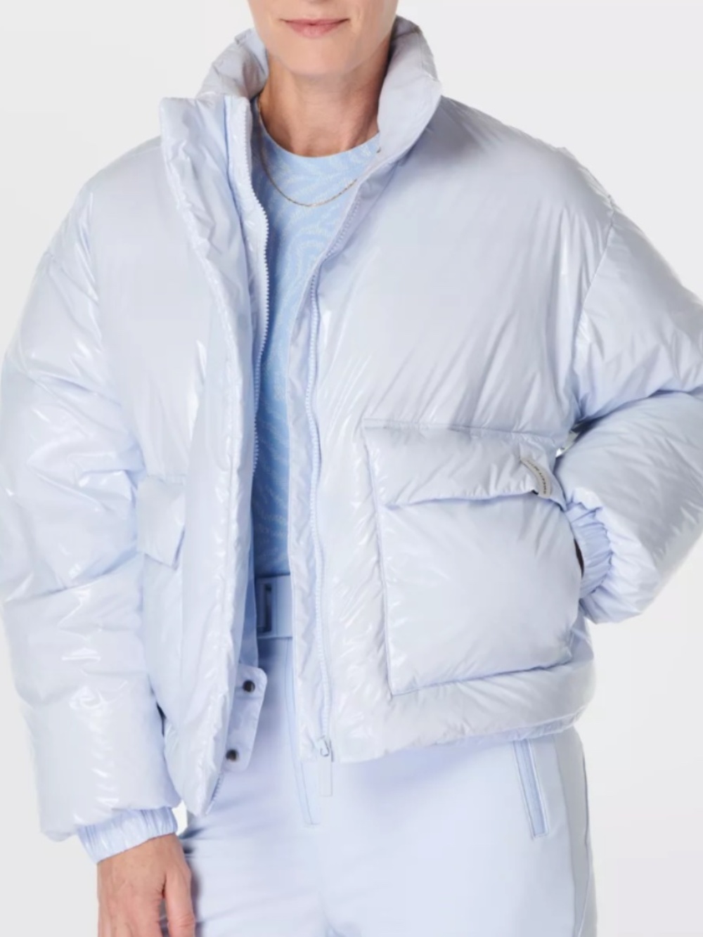 Sweaty Betty Snowfall Cropped Puffer Jacket Blue XS High Shine Ski Coat NWT